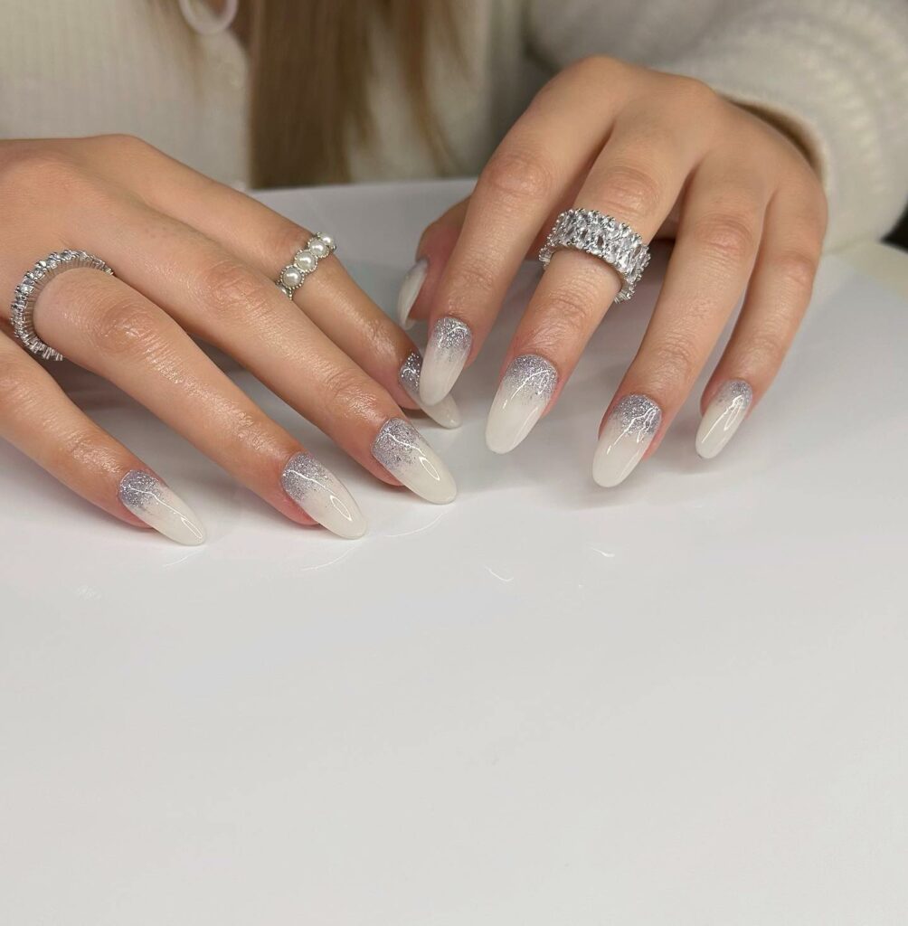 simple and classy round white wedding nails