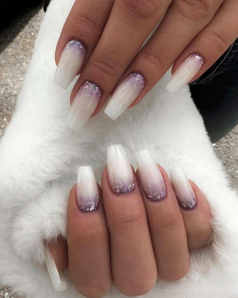 simple and classy white and purple wedding nails