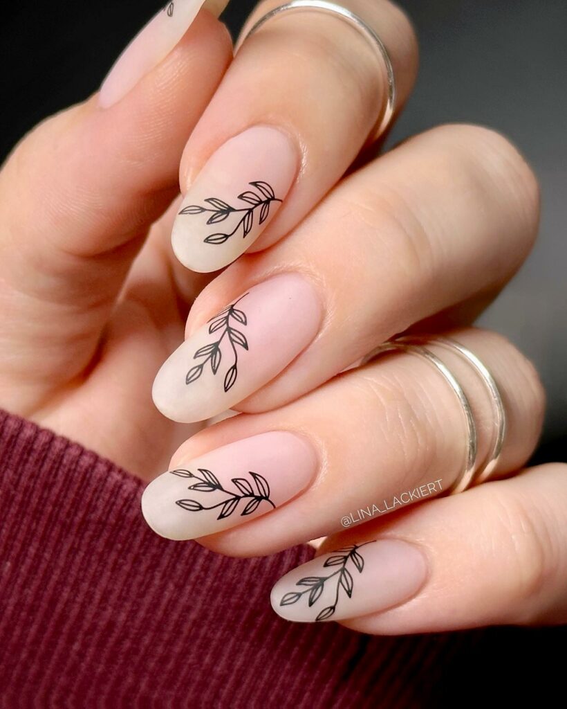 simple nude black leaves wedding nails ideas