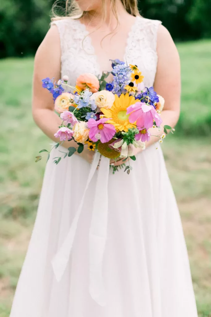 simple soft pink and sunflower intimate wedding bouquet