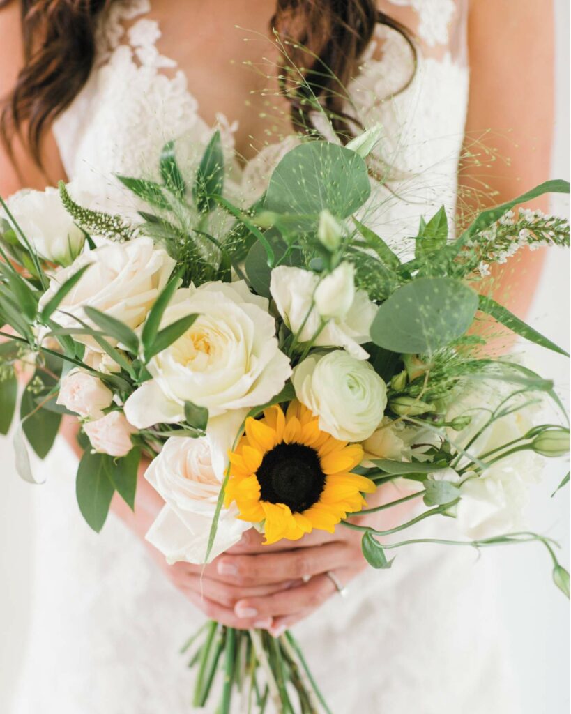 simple sunflower with white and greenery elegant wedding bouquet