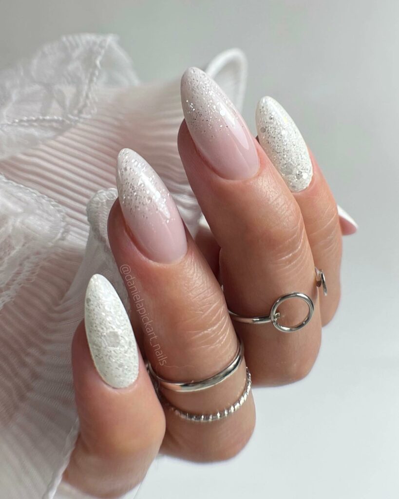 soft and glitter classy white wedding nails