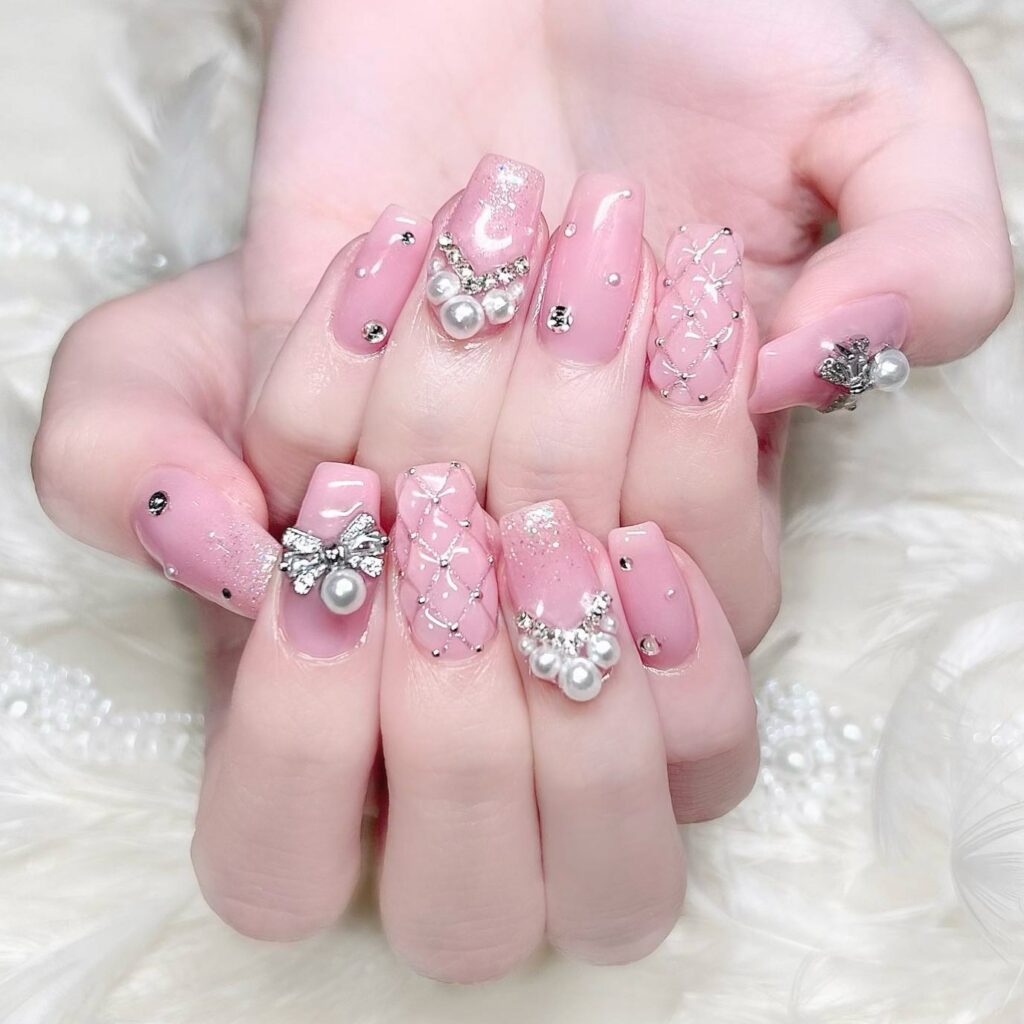 soft pink classy pearl embellishment bridal nails design