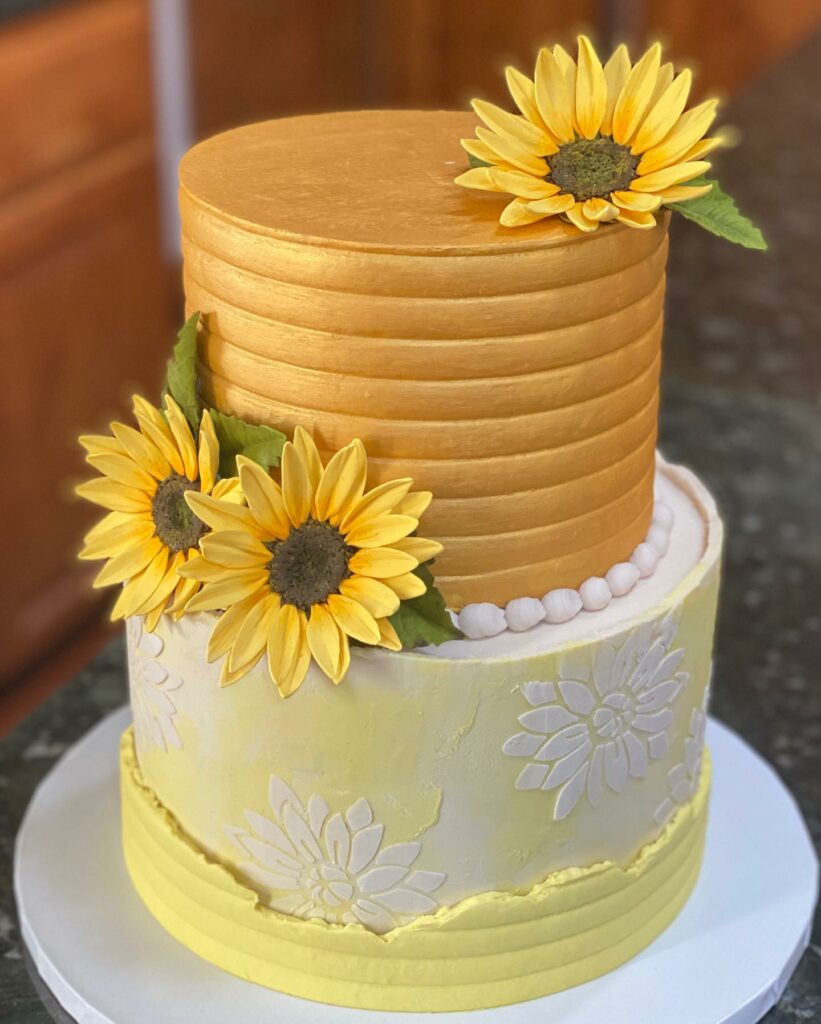 sugar sunflower and gold fall wedding cake