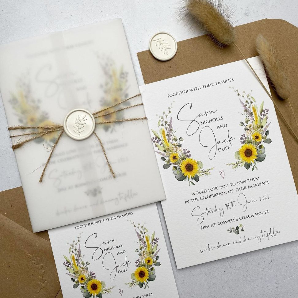 summer wedding sunflower with greenery wedding invitation ideas