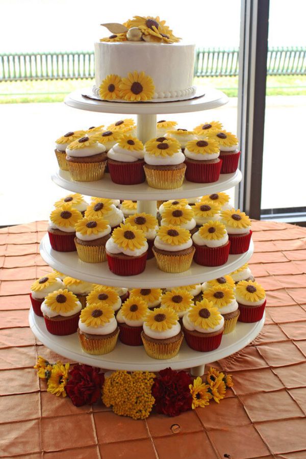 sunflower layer cupcake tower with wedding cake