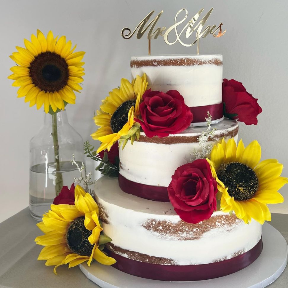 sunflower and burgundy roses autumn classic wedding cake