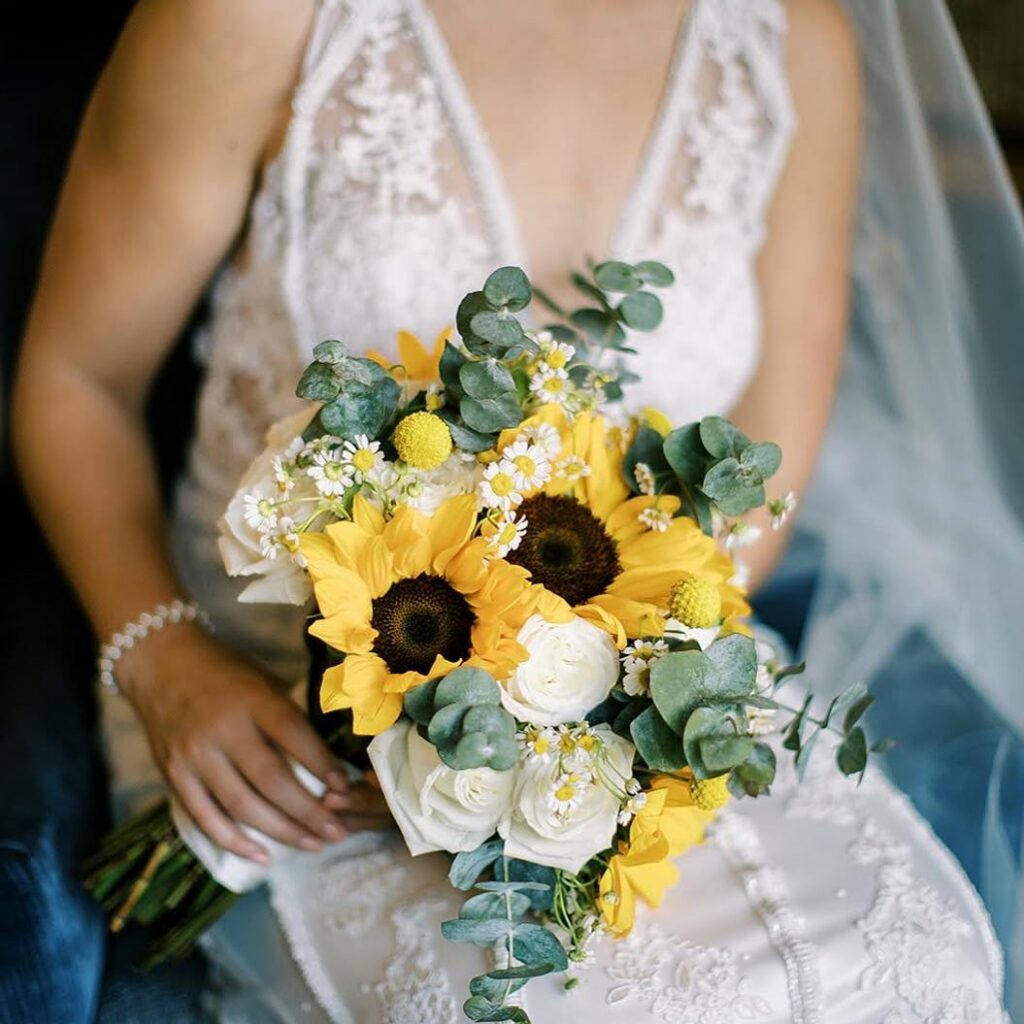 sunflower and white wedding bouquet with eucalyptus