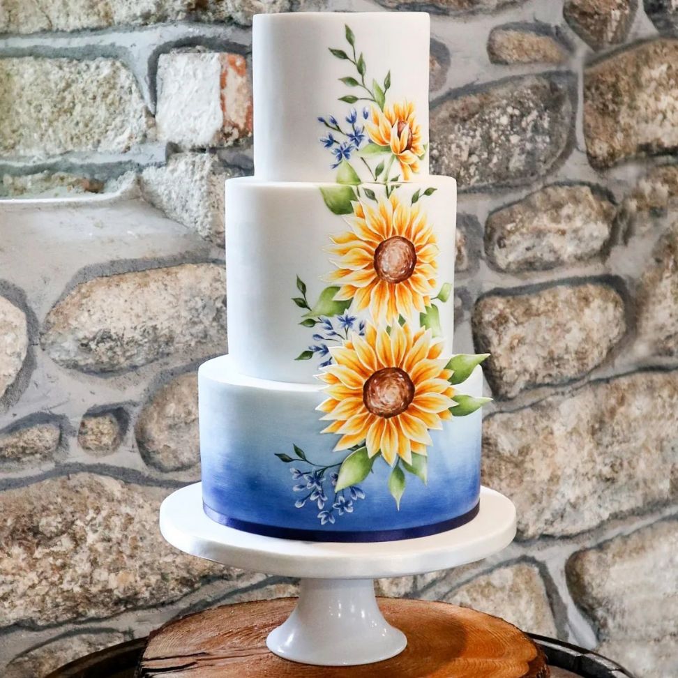 sunflower blue and yellow hand painted wedding cake ideas
