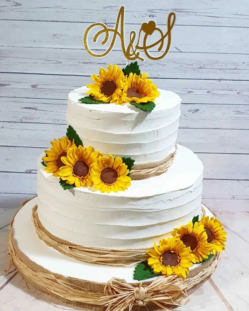 sunflower burlap decorated rustic wedding cake