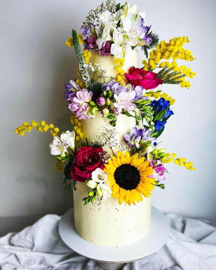 sunflower colorful floral wedding cake