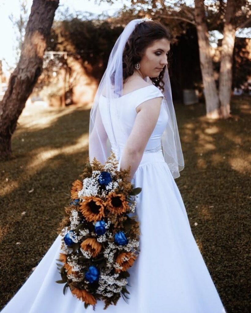 sunflower paired with white and blue rustic wedding bouquet