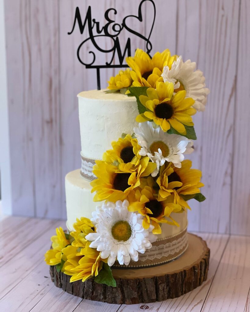 sunflower rustic wooden stump wedding cake with topper