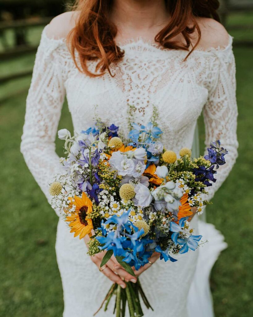 sunflower with blue floral romantic wedding bouquet