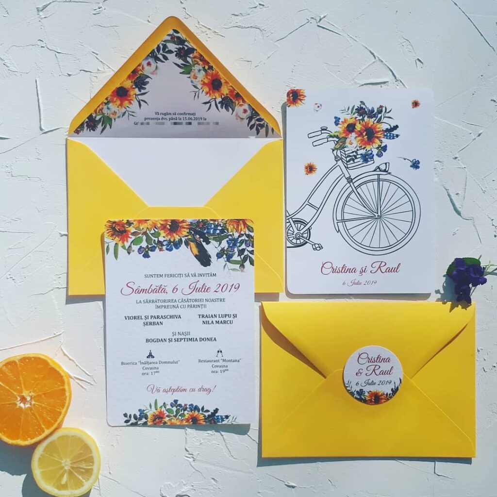 sunflower with floral print warmer month wedding invitation ideas