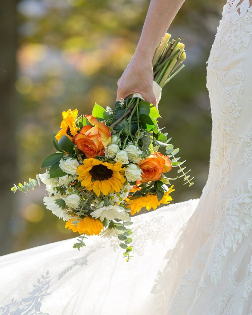 sunflower with orange and white wedding bouquet