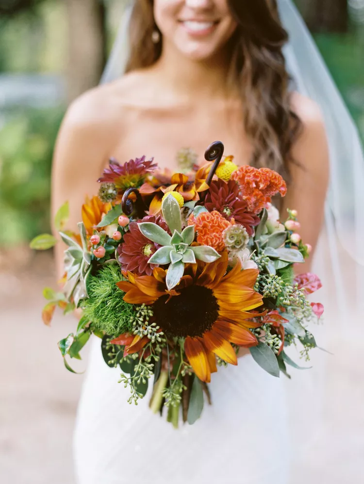 sunflower with succulent fall wedding bouquet