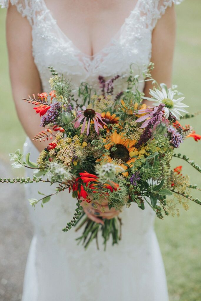 sunflower with wildflower wedding bouquet