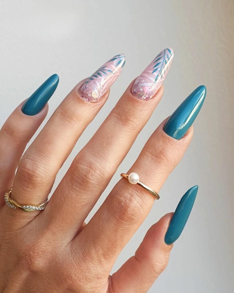 teal blue classy long wedding nails ideas
