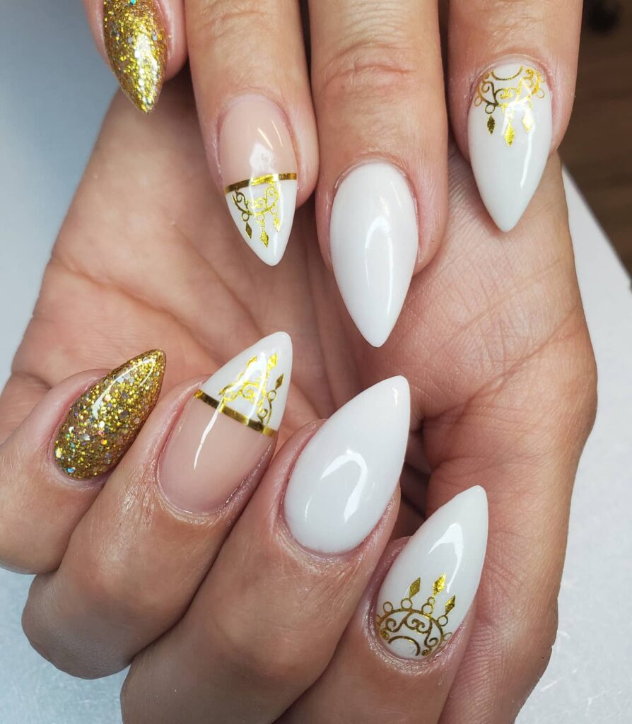 white and gold bridal acrylic nails design
