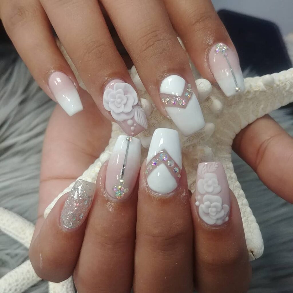 white and pearl bridal nude nails design