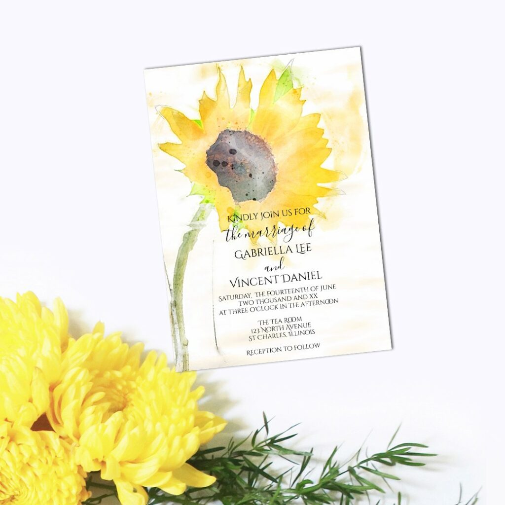 white watercolor sunflower wedding invitations ideas