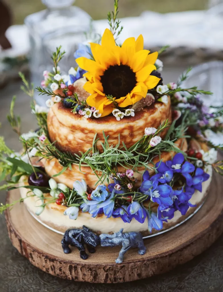 wildflowers and sunflower boho theme wedding cake