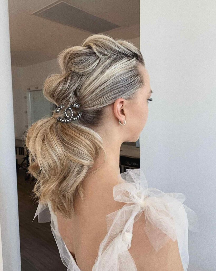 Dutch braided short hair wedding hairstyle with ponytail