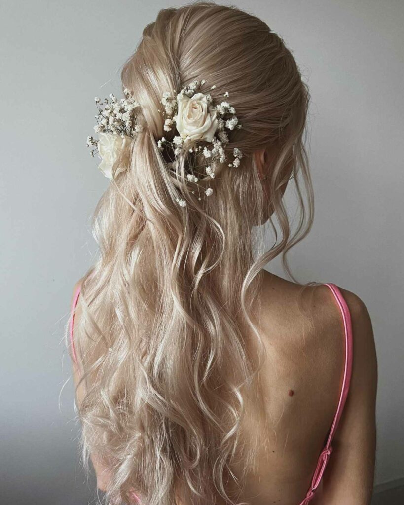 beach flower adorn long wedding hairstyle with thin hair