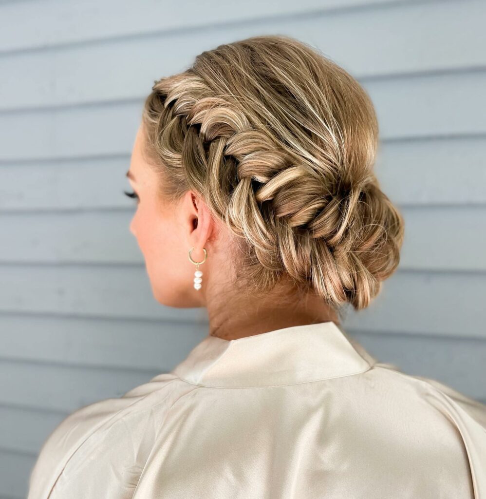 blonde hair and braid fishtail updo wedding hairstyle