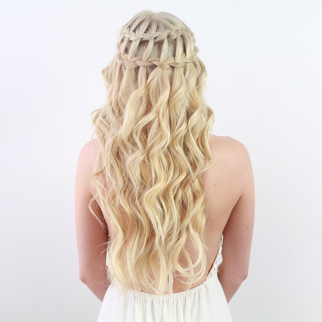 blonde hair double waterfall braided wedding hairstyle for long hair