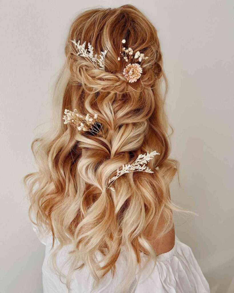 boho half up braided wedding hair with dried flowers