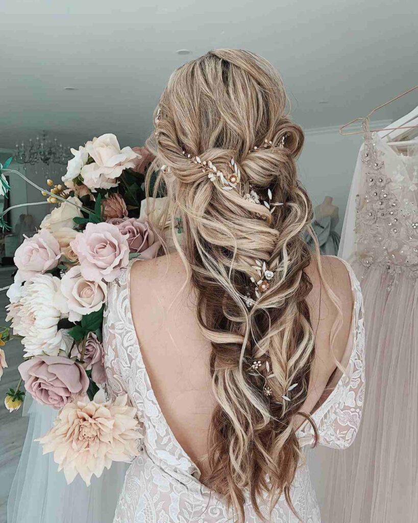 braided with textured wave wedding hairstyle for boho chic bride