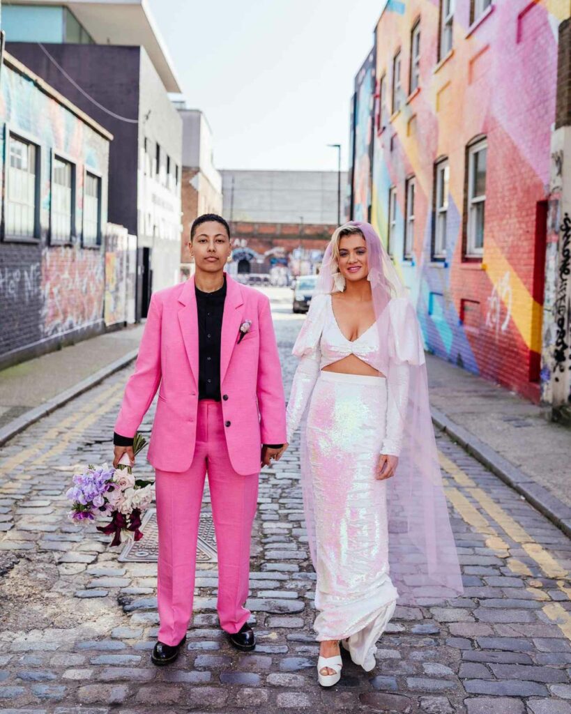 celebrate love with a beautifully fitted lesbian wedding suit and gown