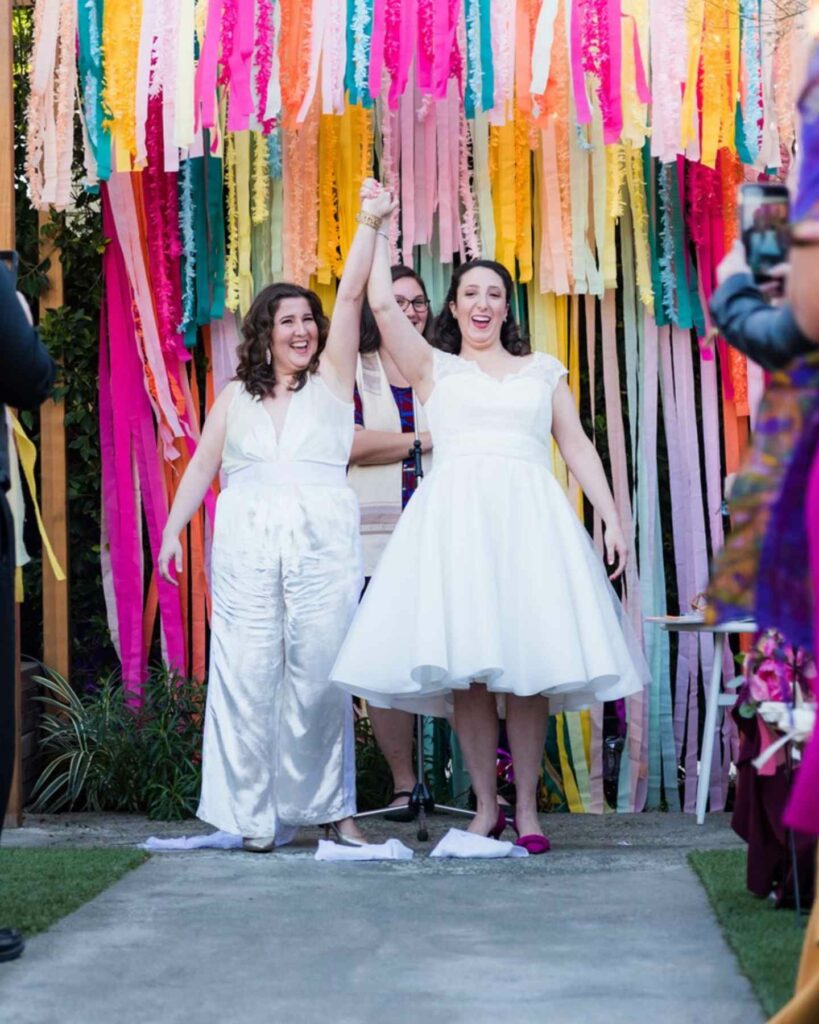 colorful backdrop white lesbian Mexicans wedding outfit ideas