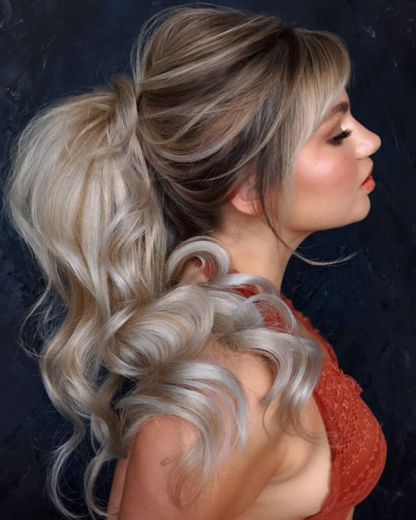 curl ponytail wedding hairstyle with side bangs for thin hair