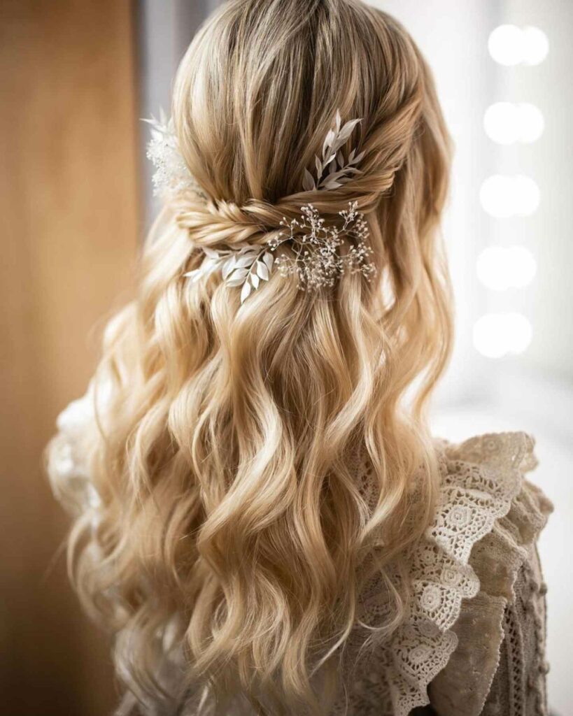 cute half up half down hairstyle with hair piece
