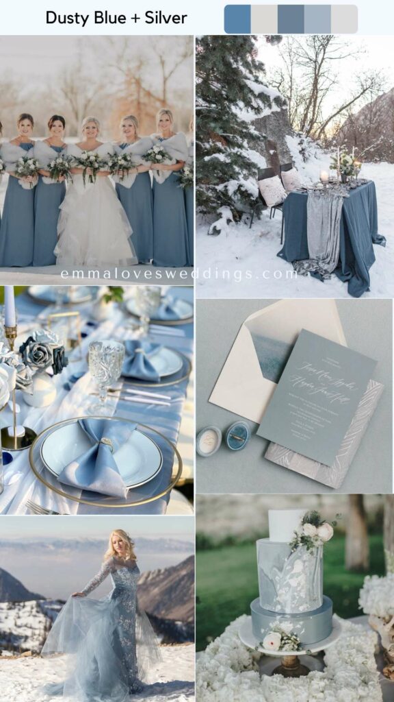 dusty blue and dazzling silver colors create a winter wonderland for your fantasy February wedding