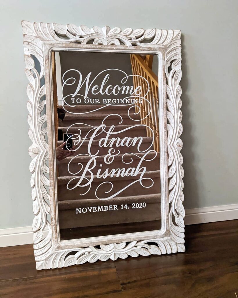 elegant mirror rustic wedding sign with calligraphy