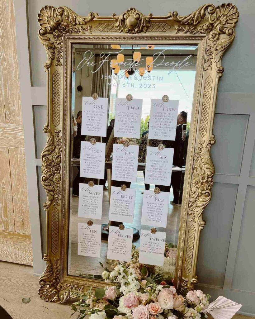gold mirror seating chart wedding sign with escort card