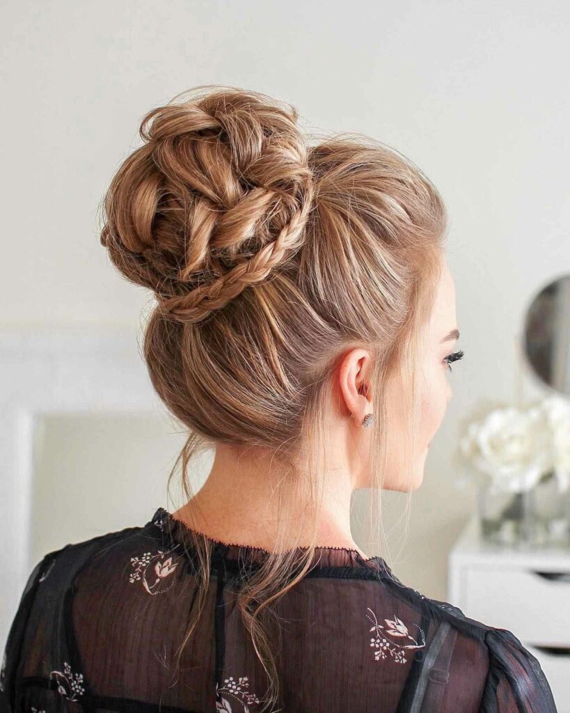 gorgeous braided high bun wedding hairstyle