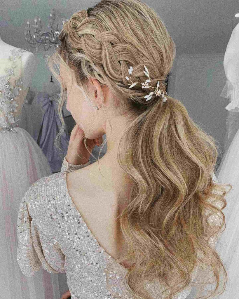 hairstyles for wedding with braids and simple curls ponytail