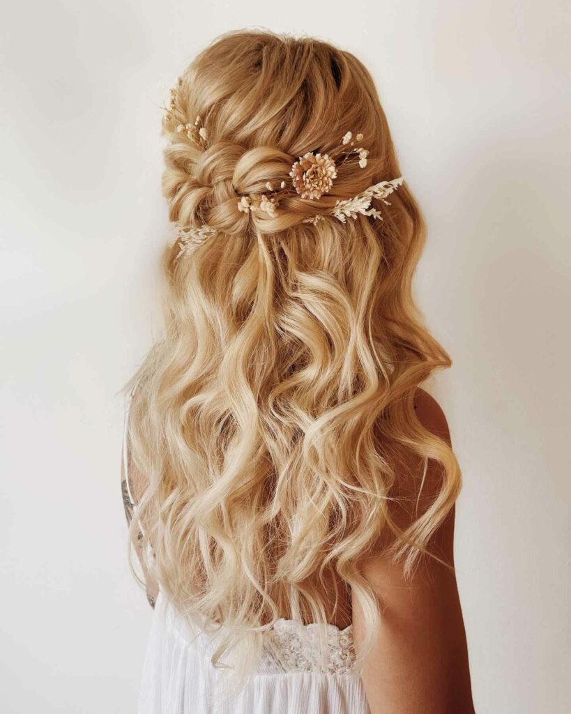half up braided halo wedding hairstyle for long hair