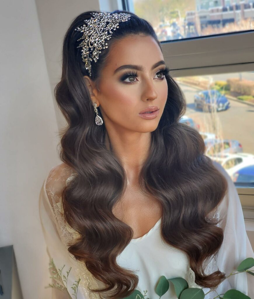 half up long thin hair wedding hairstyle with hollywood glam