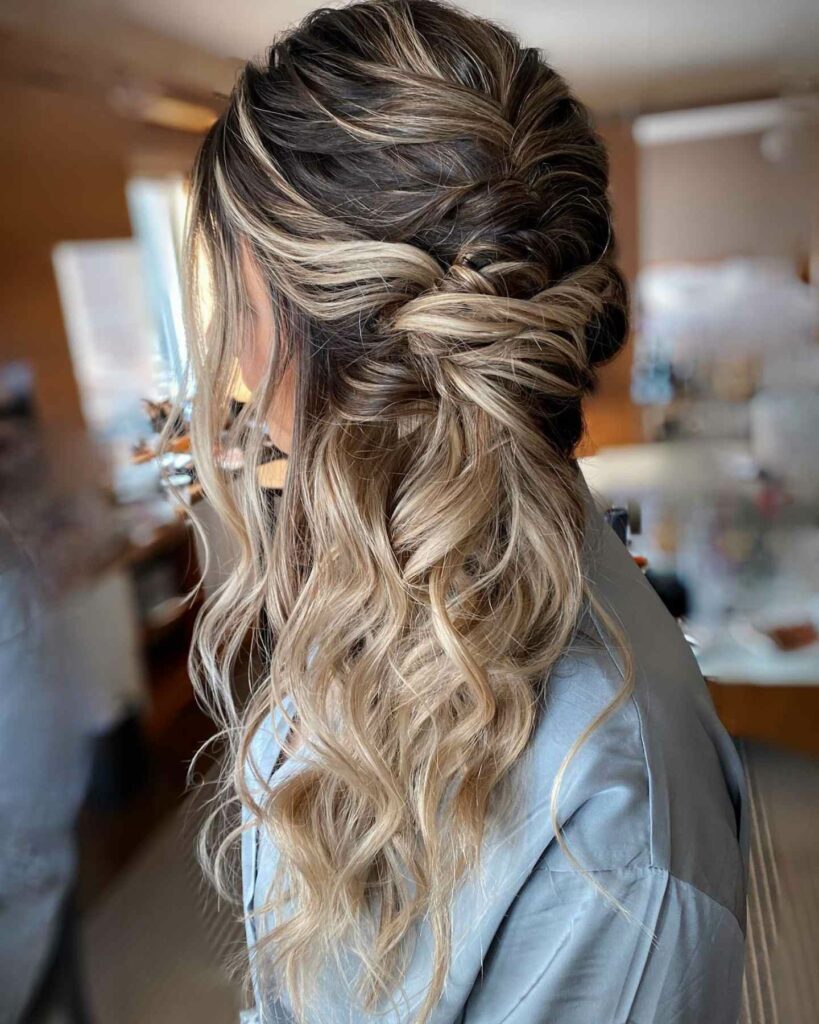 half updo side swept wedding hairstyle for bridesmaid