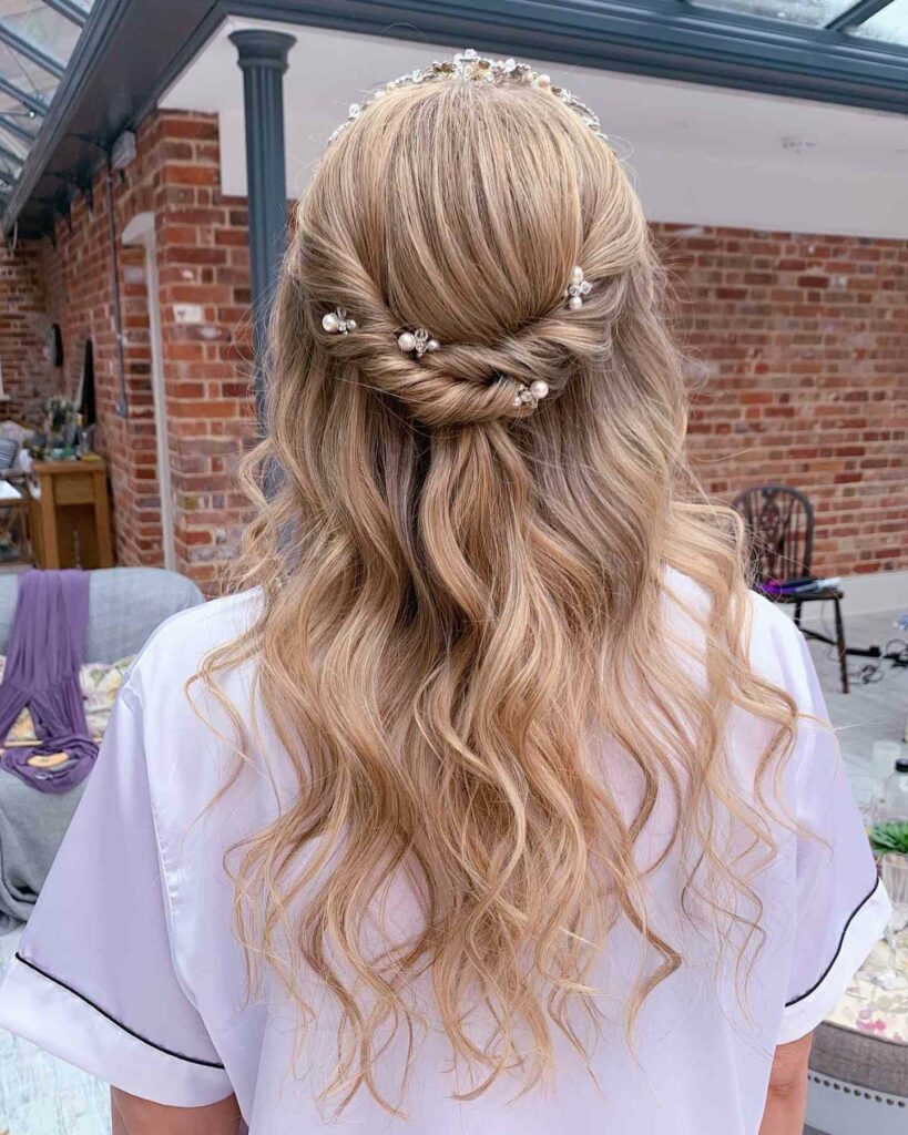 half up wedding hairstyle with pearls for thin hair