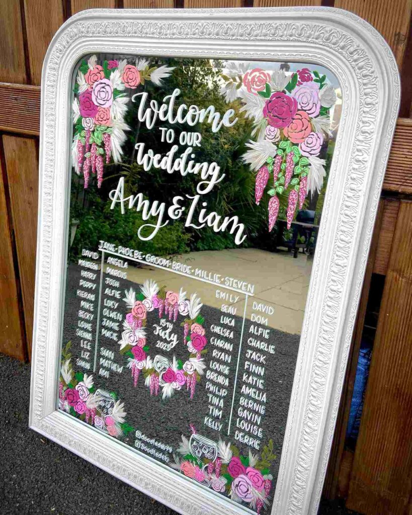 hand painted vintage mirror wedding welcome sign