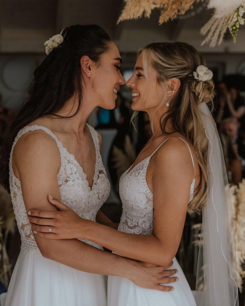 happy lesbian brides in a breathtaking photo session