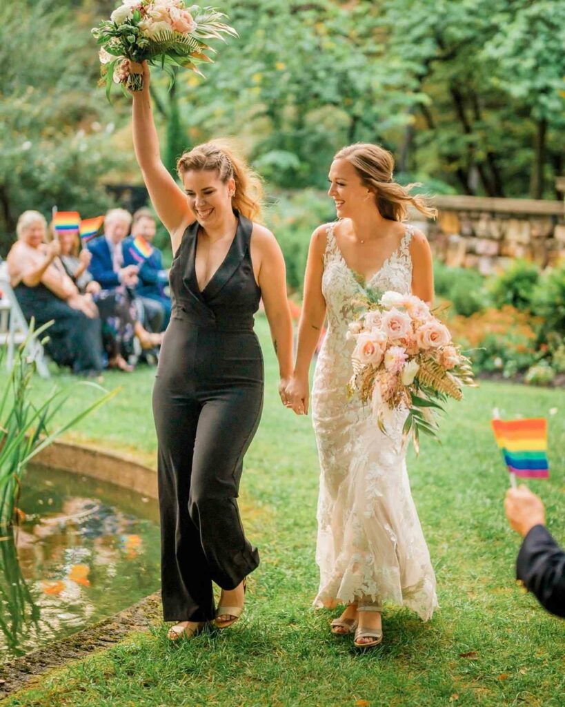 jumpsuit and lace lesbian bridal dress