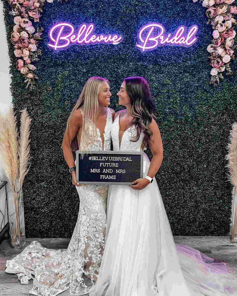 lesbian brides A line wedding gown